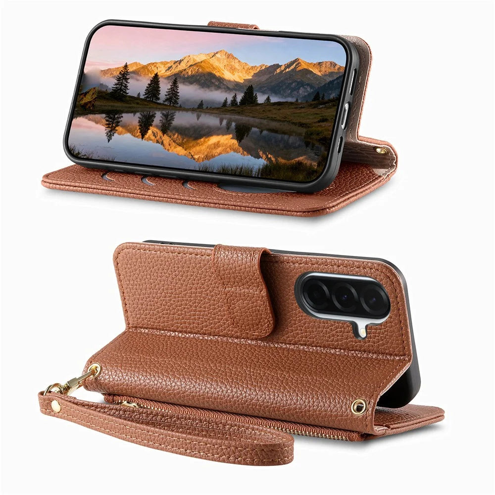 For Samsung Galaxy S26 Case Zipper Pocket TPU PU Leather Wallet Phone Cover with Strap - Brown - 2