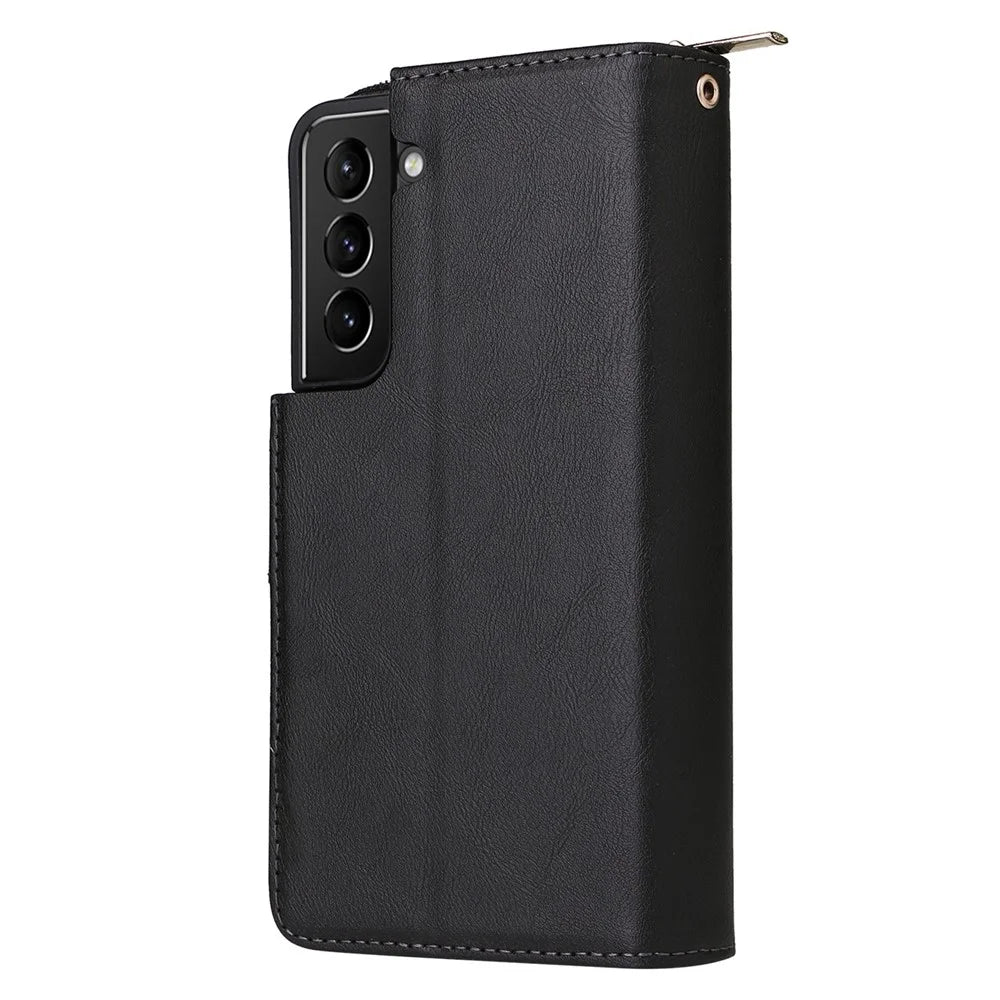For Samsung Galaxy S23 Stand Wallet Phone PU Leather Flip Case Magnetic 9 Card Holder Slots Zipper Pocket Cover with Strap - Black - 7