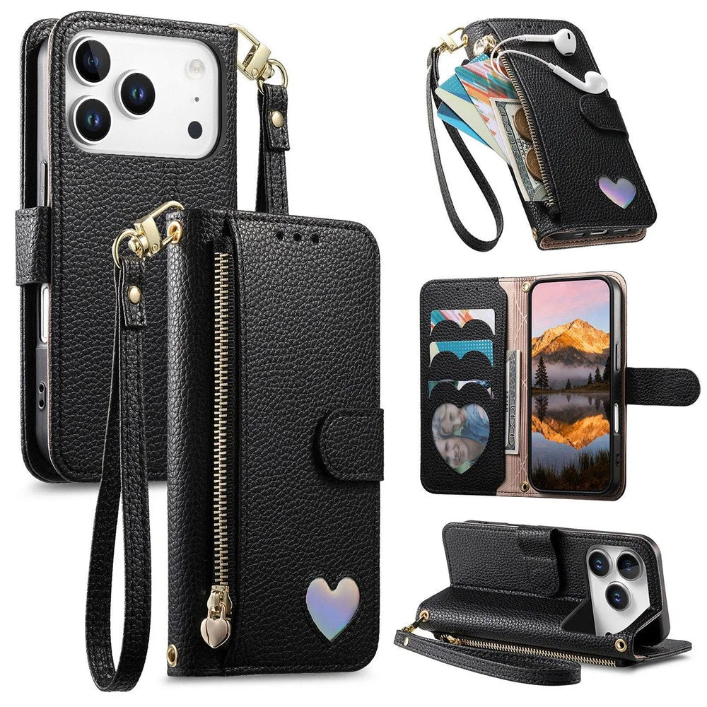 For iPhone 18 Pro Max / 17 Pro Max Case Zipper Pocket TPU PU Leather Wallet Phone Cover with Strap - Black - 1