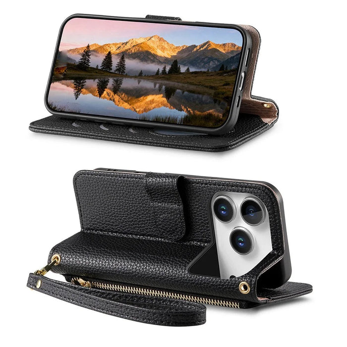 For iPhone 18 Pro Max / 17 Pro Max Case Zipper Pocket TPU PU Leather Wallet Phone Cover with Strap - Black - 2