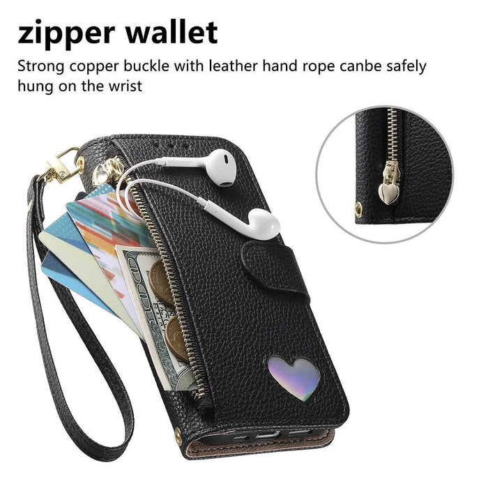 For iPhone 18 Pro Max / 17 Pro Max Case Zipper Pocket TPU PU Leather Wallet Phone Cover with Strap - Black - 5