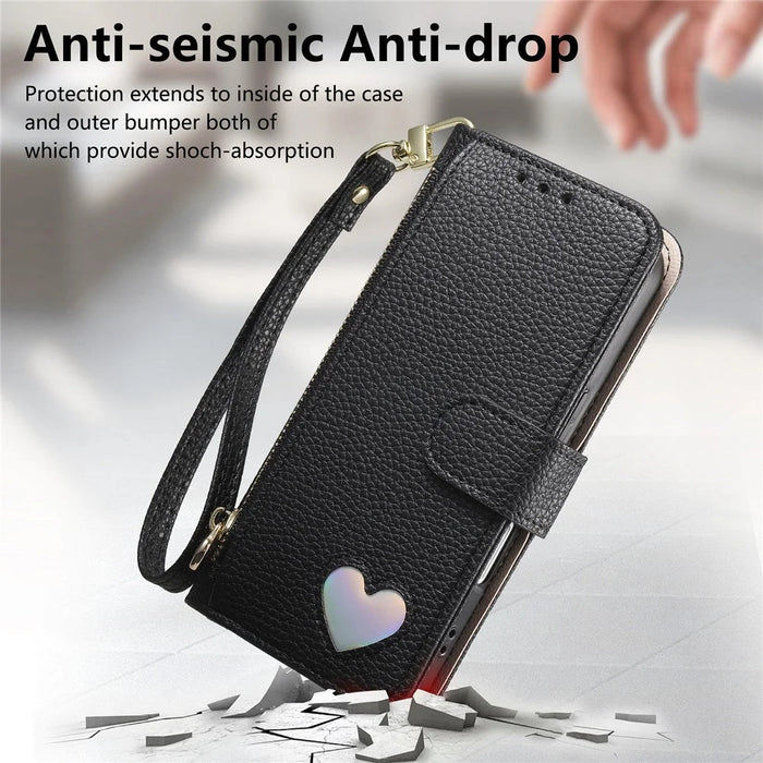 For iPhone 18 Pro Max / 17 Pro Max Case Zipper Pocket TPU PU Leather Wallet Phone Cover with Strap - Black - 6