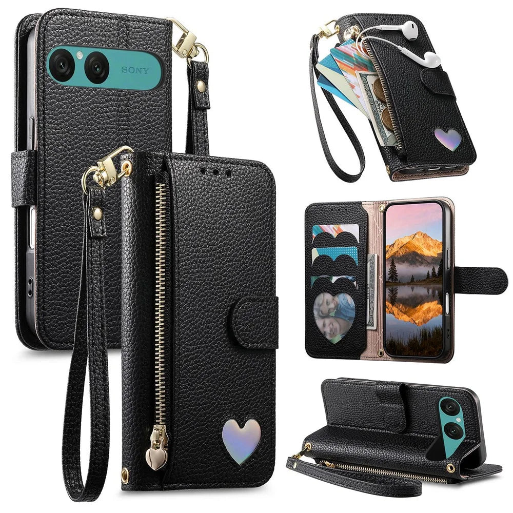 For Sony Xperia 10 VII Case Zipper Wallet Stand Heart Pattern PU Leather Phone Cover with Wrist Strap - Black - 1
