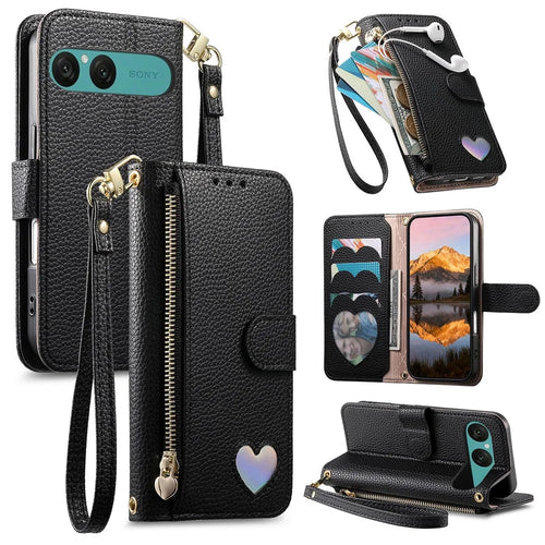 For Sony Xperia 10 VII Case Zipper Wallet Stand Heart Pattern PU Leather Phone Cover with Wrist Strap - Black - 1