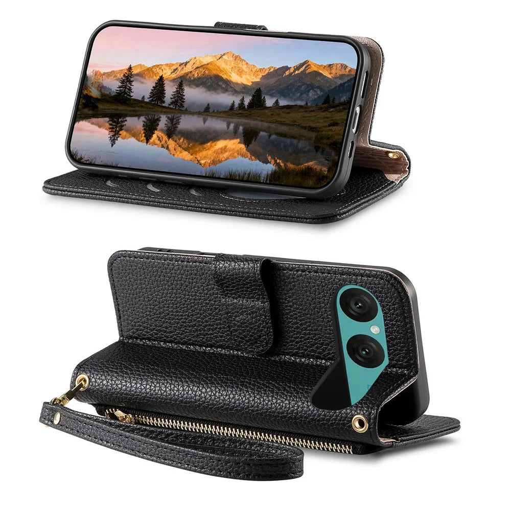 For Sony Xperia 10 VII Case Zipper Wallet Stand Heart Pattern PU Leather Phone Cover with Wrist Strap - Black - 2