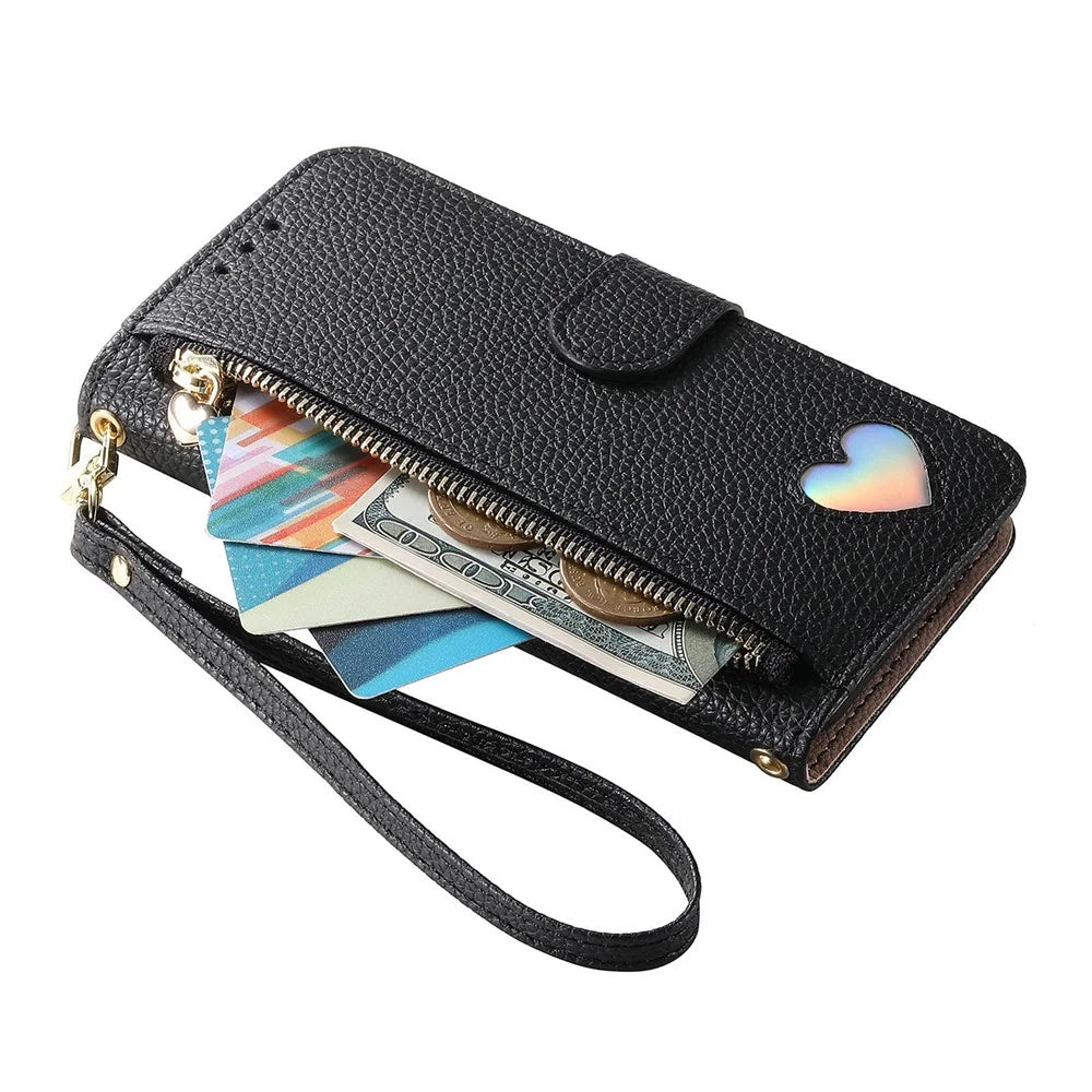 For Sony Xperia 10 VII Case Zipper Wallet Stand Heart Pattern PU Leather Phone Cover with Wrist Strap - Black - 3