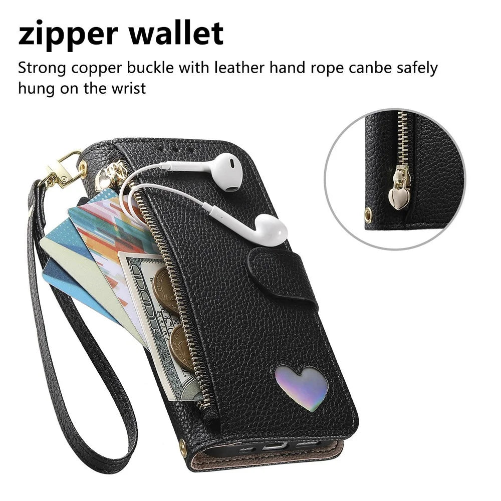For Sony Xperia 10 VII Case Zipper Wallet Stand Heart Pattern PU Leather Phone Cover with Wrist Strap - Black - 5