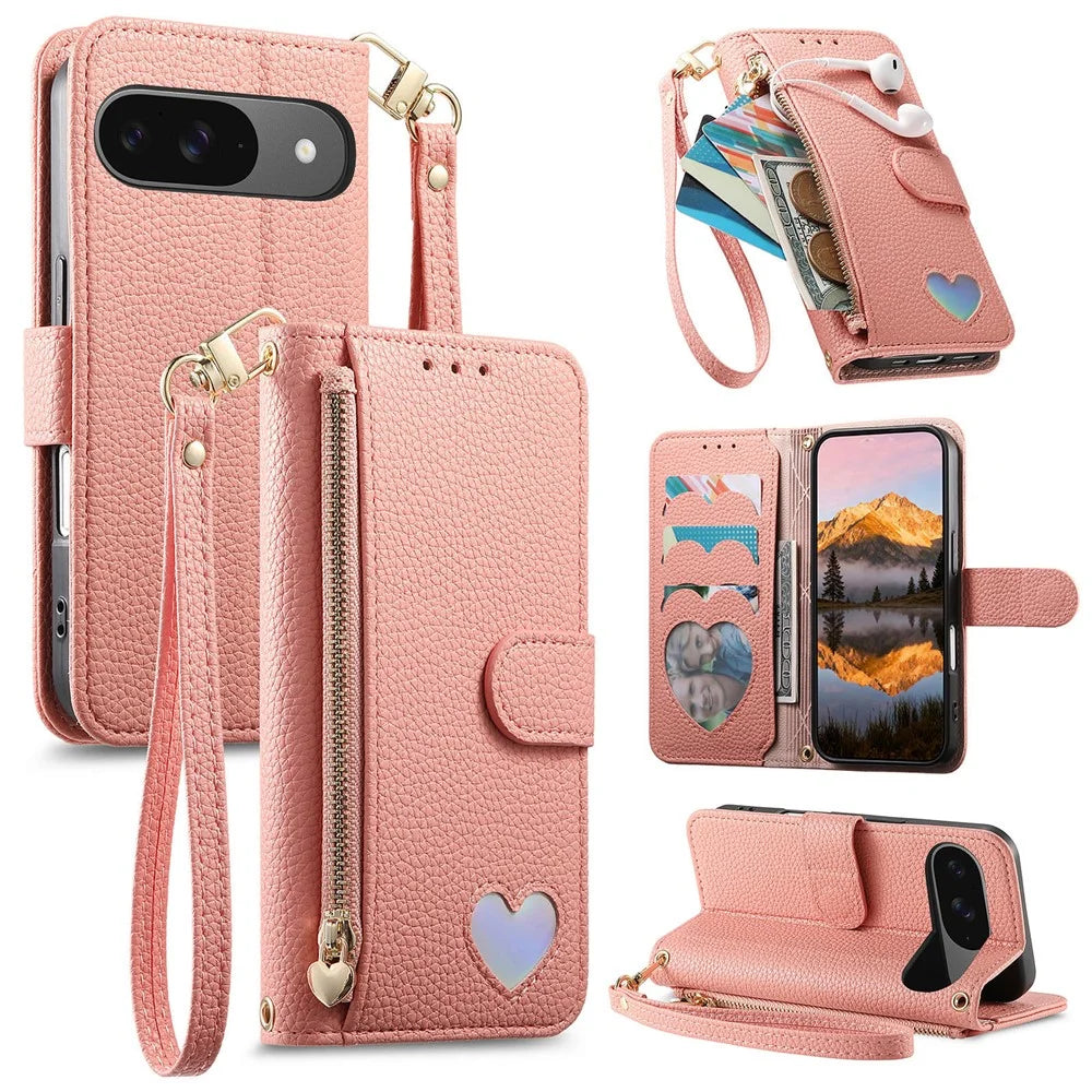 Phone Case For Google Pixel 10 Pro  /  Pixel 10 Zipper Pocket TPU PU Leather Wallet Phone Cover with Strap - Pink - 1