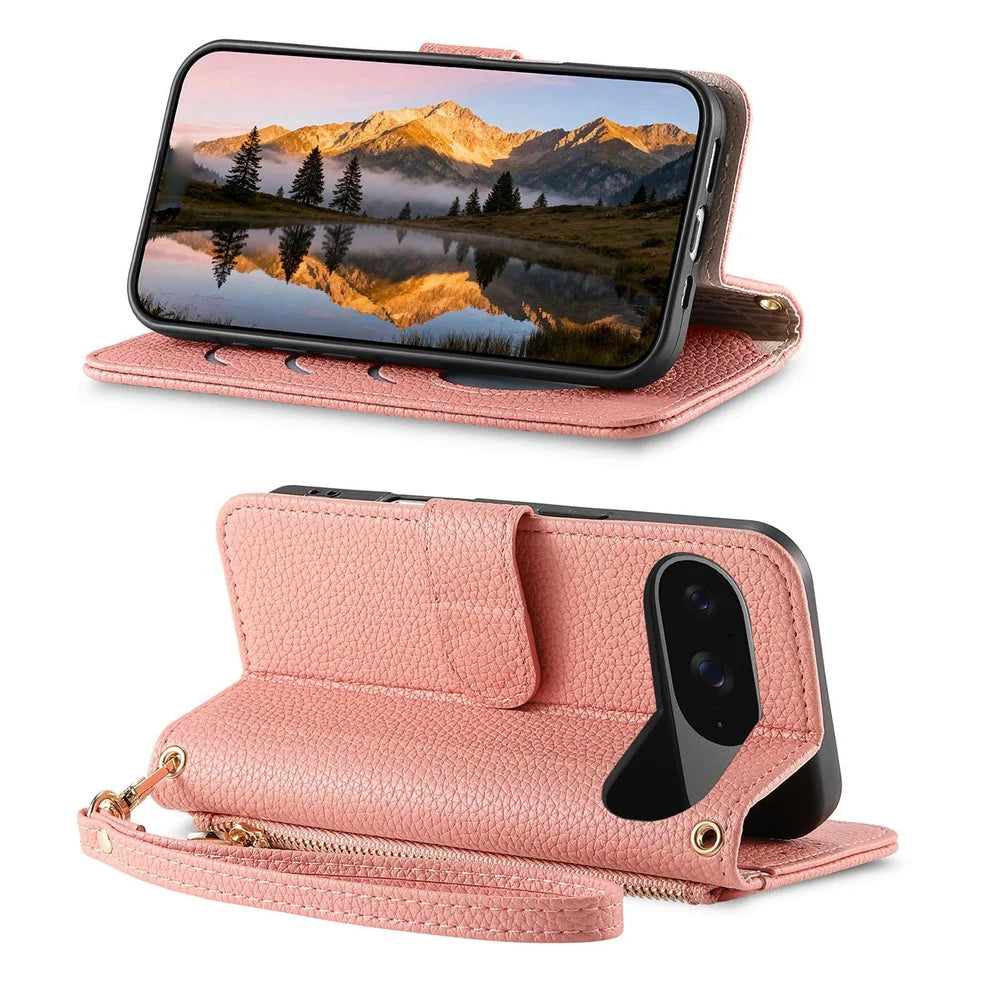 Phone Case For Google Pixel 10 Pro  /  Pixel 10 Zipper Pocket TPU PU Leather Wallet Phone Cover with Strap - Pink - 2