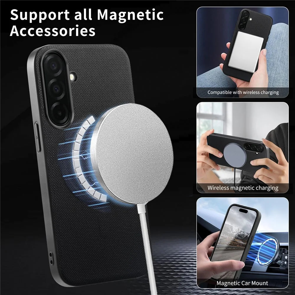 For Samsung Galaxy S25 Magnetic Case Fine Grid Texture Leather + PC + TPU Phone Cover - Black - 6