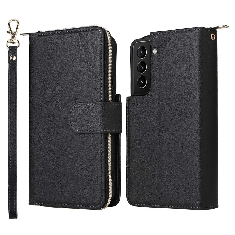 For Samsung Galaxy S23+ Full Protection Stand Wallet Phone Flip Case PU Leather Magnetic 9 Card Holder Slots Zipper Pocket Cover with Strap - Black - 1