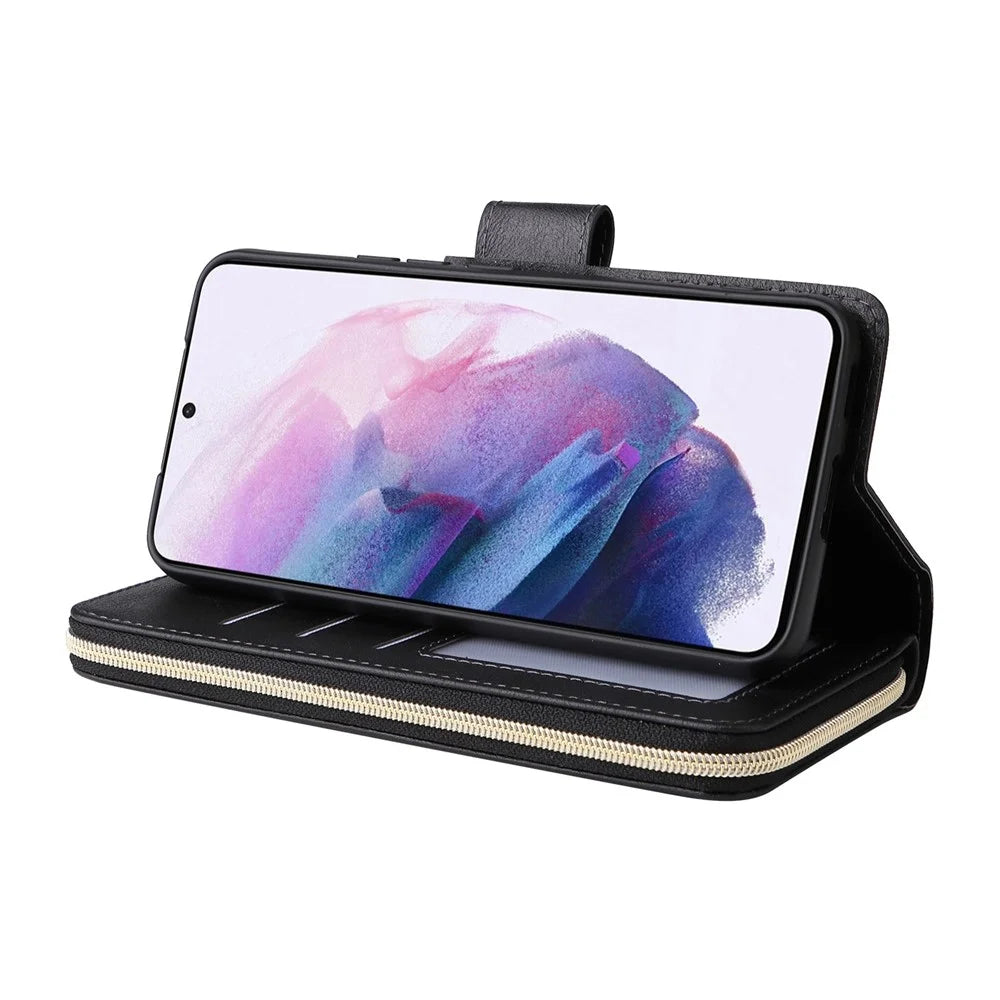 For Samsung Galaxy S23+ Full Protection Stand Wallet Phone Flip Case PU Leather Magnetic 9 Card Holder Slots Zipper Pocket Cover with Strap - Black - 3