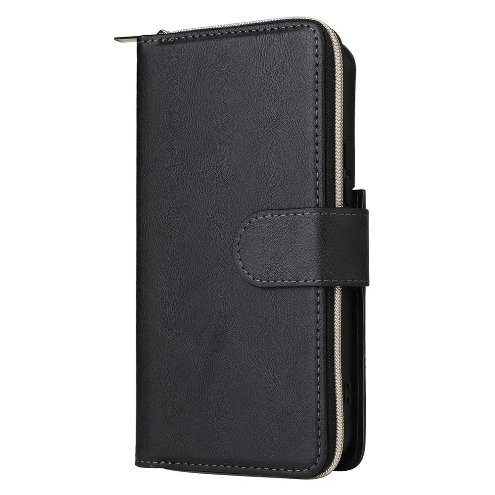 For Samsung Galaxy S23+ Full Protection Stand Wallet Phone Flip Case PU Leather Magnetic 9 Card Holder Slots Zipper Pocket Cover with Strap - Black - 6