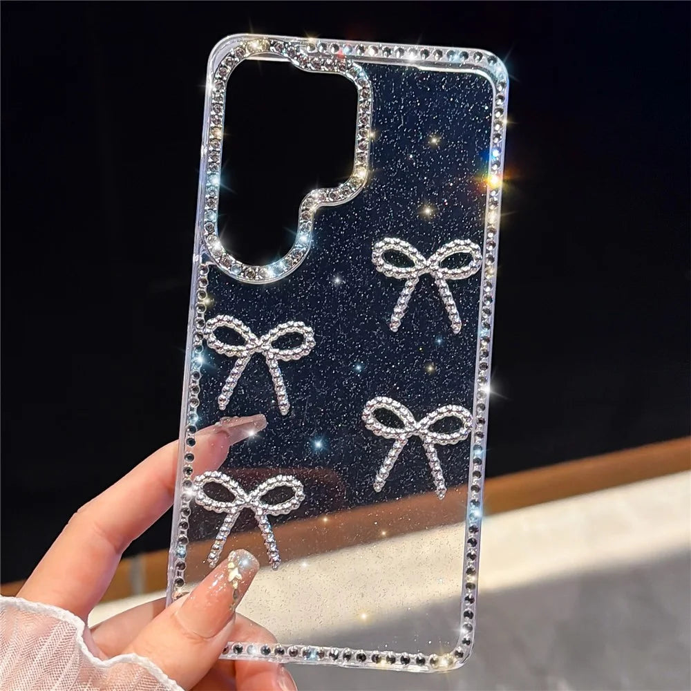For Samsung Galaxy S26 Ultra Case Rhinestone Edge Butterfly Bow Decor TPU + PC IMD Phone Cover - Glitter Transparent - 1