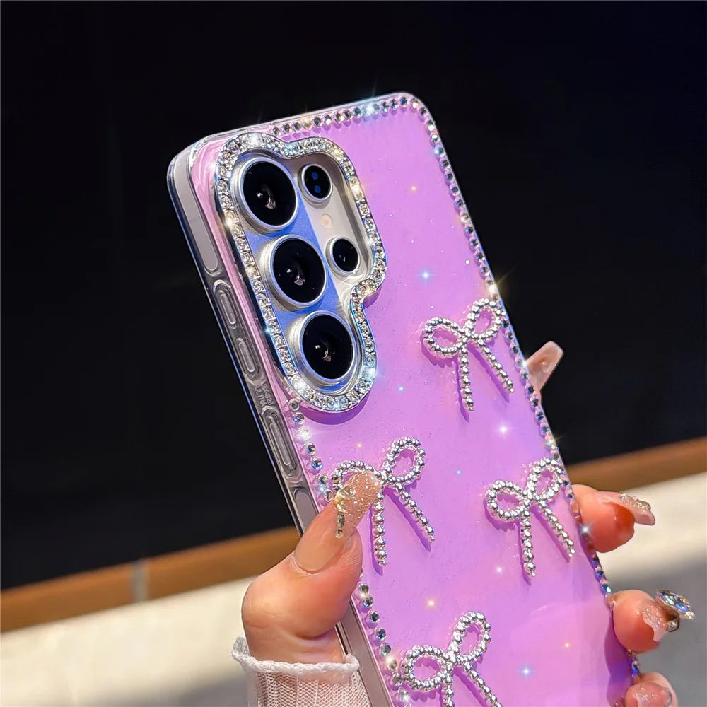For Samsung Galaxy S26 Ultra Case Rhinestone Edge Butterfly Bow Decor TPU + PC IMD Phone Cover - Glitter Transparent - 2
