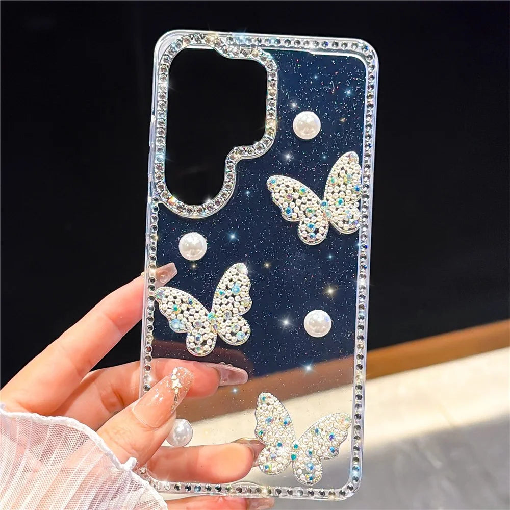 For Samsung Galaxy S26 Ultra Case Rhinestone Edge Pearl Butterfly Decor TPU + PC IMD Phone Cover - Glitter Transparent - 1