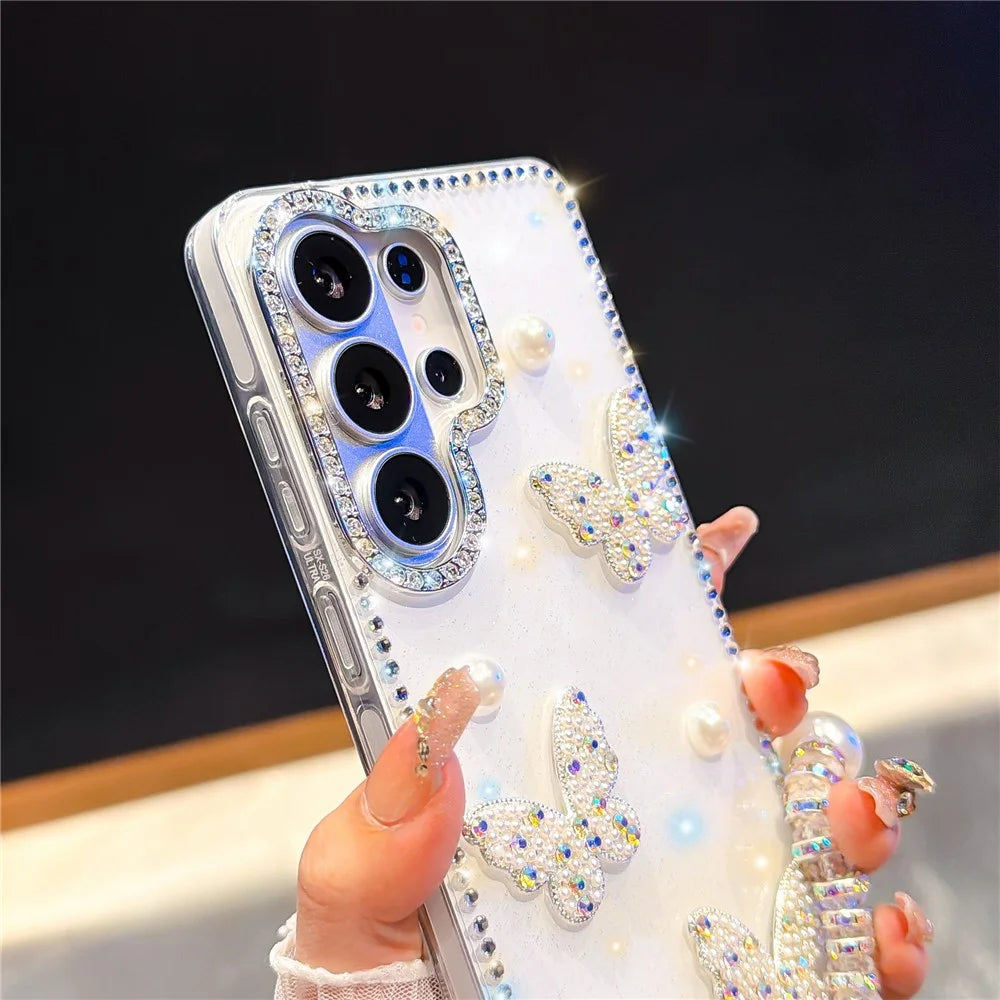 For Samsung Galaxy S26 Ultra Case Rhinestone Edge Pearl Butterfly Decor TPU + PC IMD Phone Cover - Glitter Transparent - 2