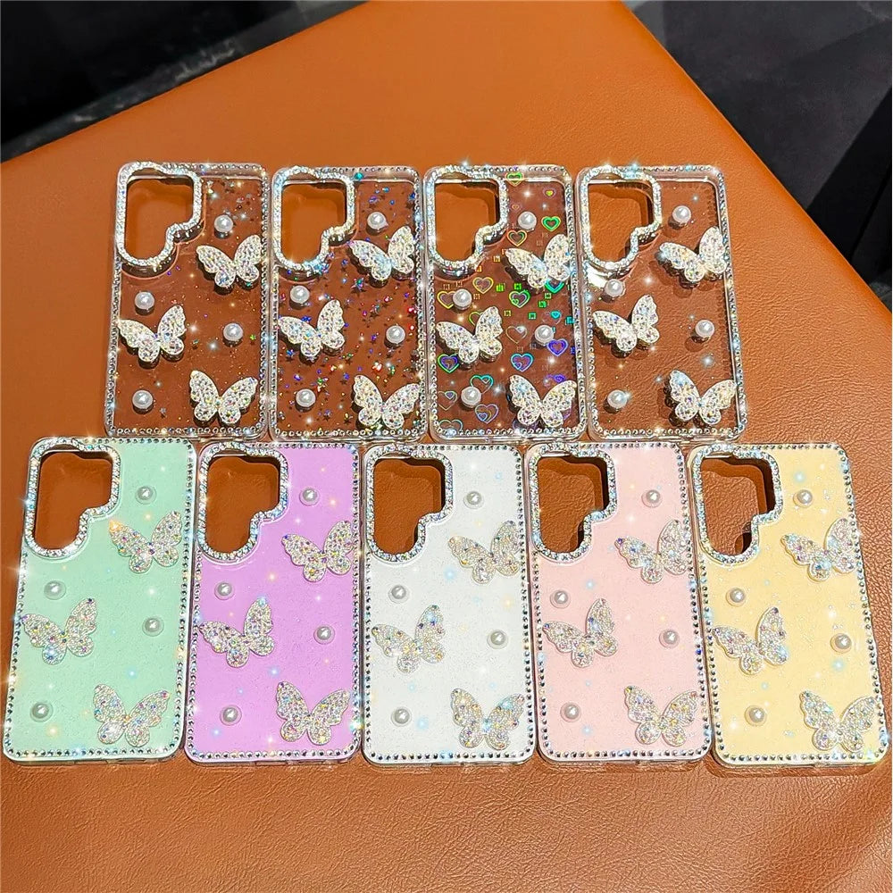 For Samsung Galaxy S26 Ultra Case Rhinestone Edge Pearl Butterfly Decor TPU + PC IMD Phone Cover - Glitter Transparent - 4