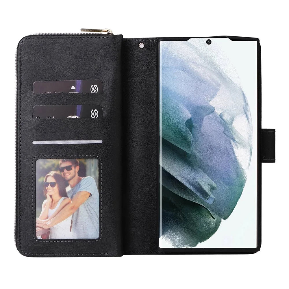 For Samsung Galaxy S23 Ultra Hands-free Stand Wallet Phone Flip Case PU Leather Magnetic 9 Card Holder Slots Zipper Pocket Cover with Strap - Black - 2
