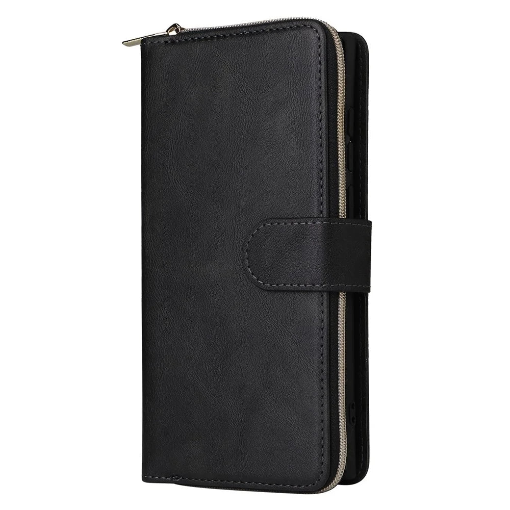 For Samsung Galaxy S23 Ultra Hands-free Stand Wallet Phone Flip Case PU Leather Magnetic 9 Card Holder Slots Zipper Pocket Cover with Strap - Black - 6