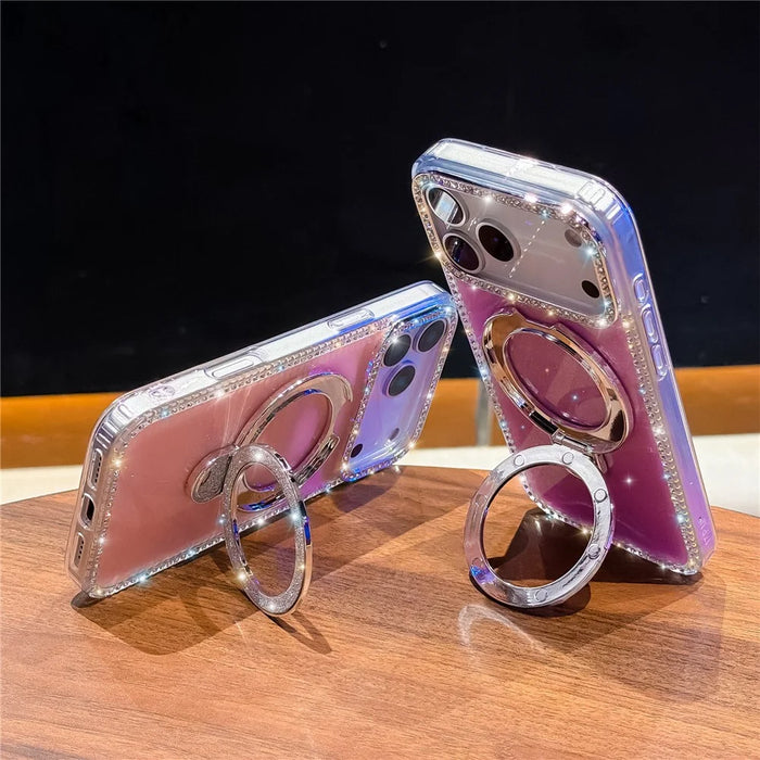 For iPhone 18 Pro Max / 17 Pro Max Case Kickstand Rhinestone Edge Glitter Back TPU + PC IMD Phone Cover - Glitter Transparent - 2