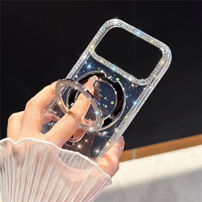 For iPhone 18 Pro Max / 17 Pro Max Case Kickstand Rhinestone Edge Glitter Back TPU + PC IMD Phone Cover - Glitter Transparent - 3
