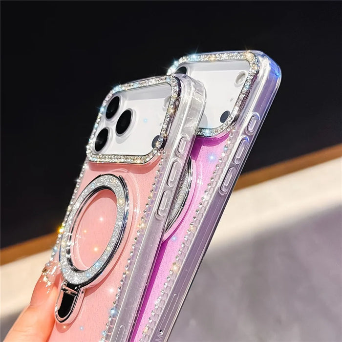 For iPhone 18 Pro Max / 17 Pro Max Case Kickstand Rhinestone Edge Glitter Back TPU + PC IMD Phone Cover - Glitter Transparent - 5