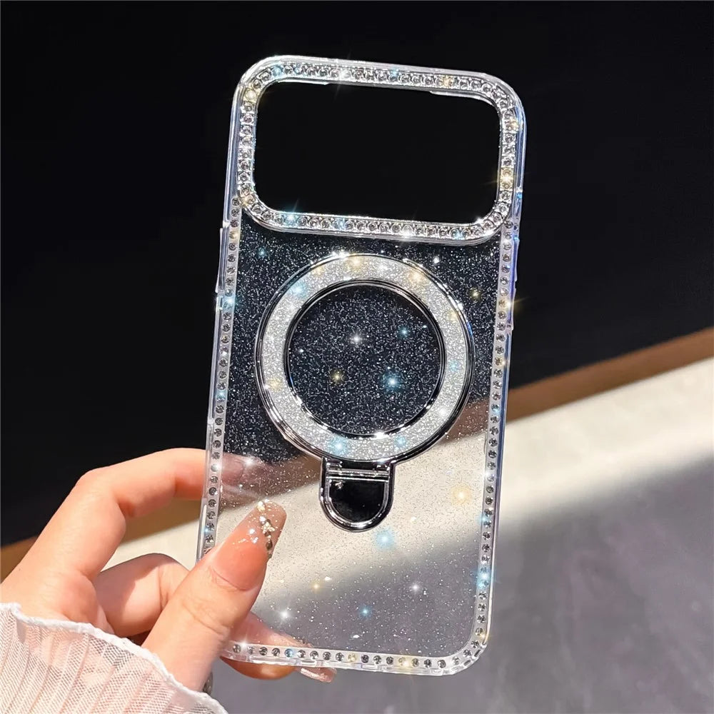 For iPhone 18 Pro / 17 Pro Case Kickstand Rhinestone Edge Glitter Back TPU + PC IMD Phone Cover - Glitter Transparent - 1