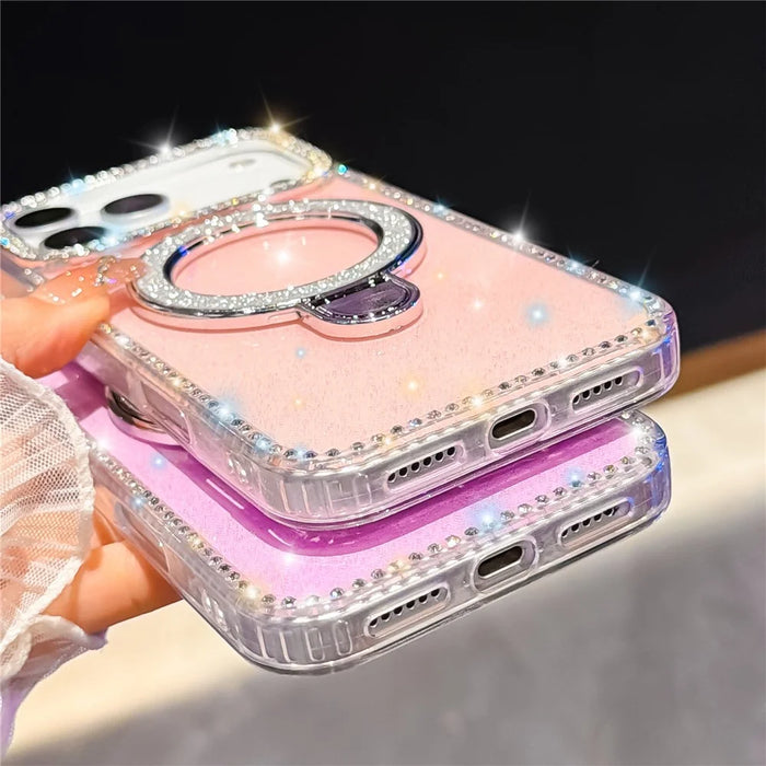 For iPhone 18 Pro / 17 Pro Case Kickstand Rhinestone Edge Glitter Back TPU + PC IMD Phone Cover - Glitter Transparent - 6