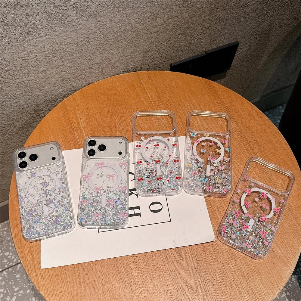 For iPhone 17 Pro Max Magnetic Case Glitter Epoxy Clear TPU Shockproof Phone Cover Compatible with MagSafe - Butterfly - 6