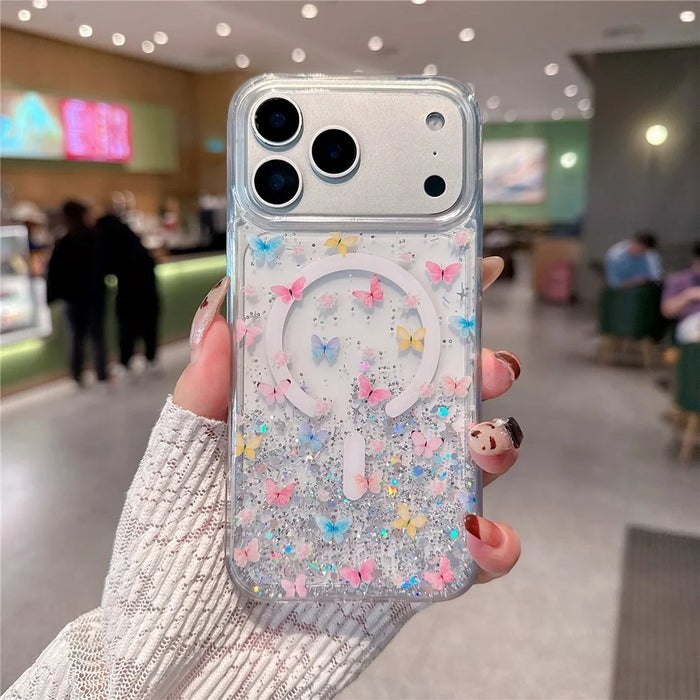 For iPhone 17 Pro Magnetic Case Glitter Epoxy Clear TPU Shockproof Phone Cover Compatible with MagSafe - Butterfly - 1