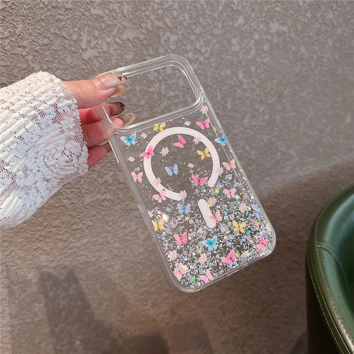For iPhone 17 Pro Magnetic Case Glitter Epoxy Clear TPU Shockproof Phone Cover Compatible with MagSafe - Butterfly - 2