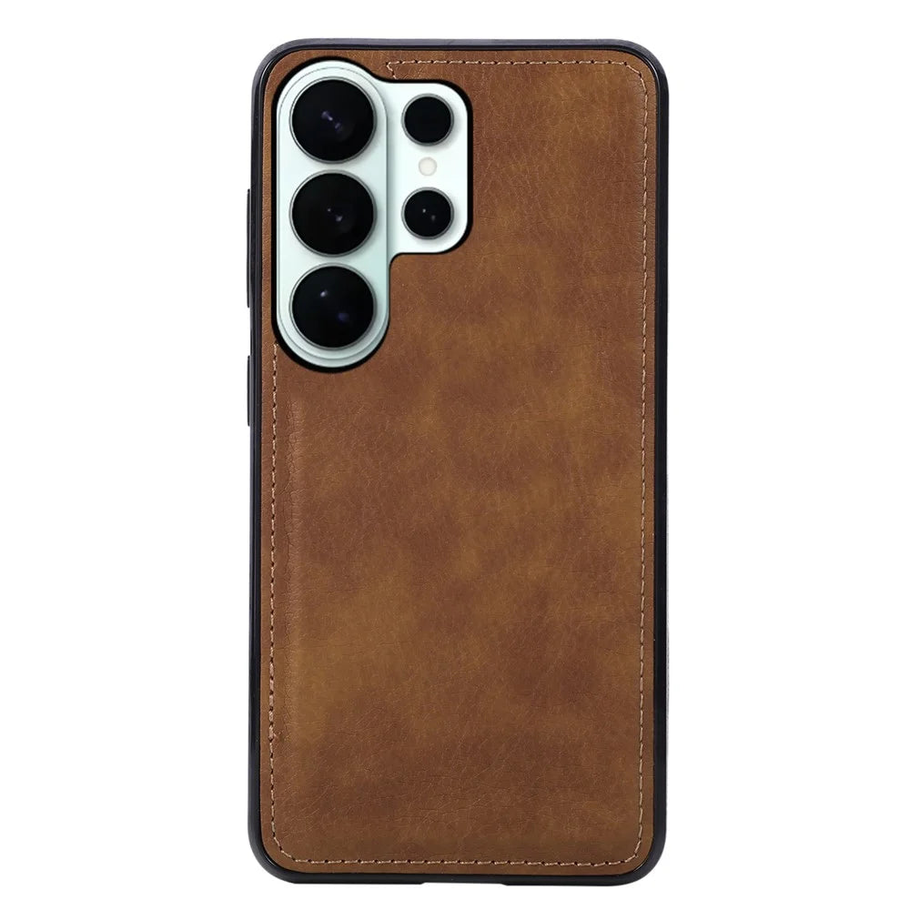 For Samsung Galaxy S26 Ultra Case Logo View Litchi Texture PU Leather Coated PC + TPU Phone Cover - Brown - 1