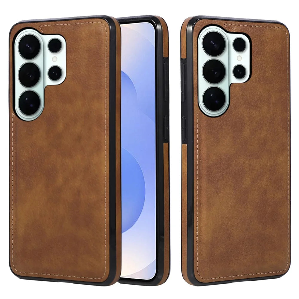 For Samsung Galaxy S26 Ultra Case Logo View Litchi Texture PU Leather Coated PC + TPU Phone Cover - Brown - 5