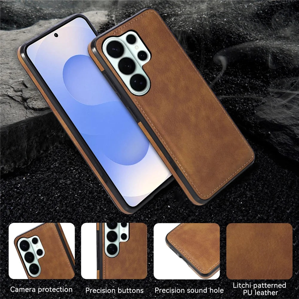 For Samsung Galaxy S26 Ultra Case Logo View Litchi Texture PU Leather Coated PC + TPU Phone Cover - Brown - 7