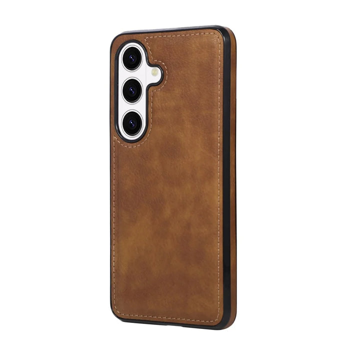 For Samsung Galaxy S26 Case Logo View Litchi Texture PU Leather Coated PC + TPU Phone Cover - Brown - 4