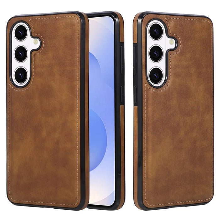 For Samsung Galaxy S26 Case Logo View Litchi Texture PU Leather Coated PC + TPU Phone Cover - Brown - 5