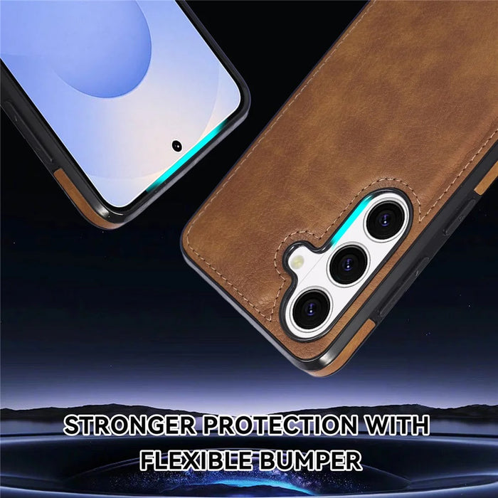 For Samsung Galaxy S26 Case Logo View Litchi Texture PU Leather Coated PC + TPU Phone Cover - Brown - 6