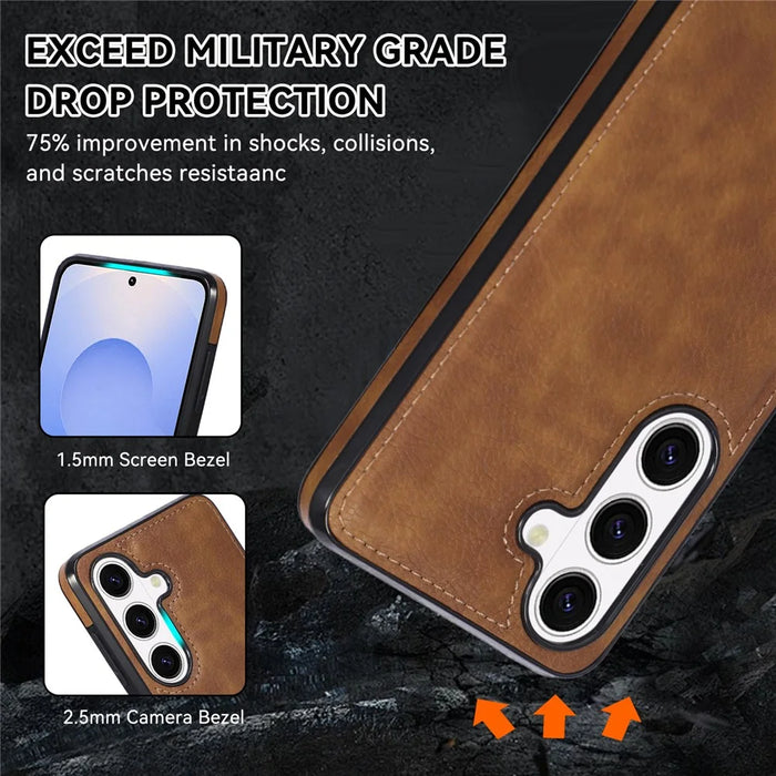 For Samsung Galaxy S26 Case Logo View Litchi Texture PU Leather Coated PC + TPU Phone Cover - Brown - 7