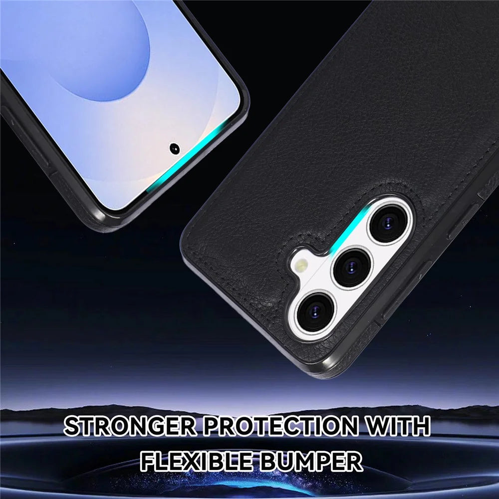 For Samsung Galaxy S26+ Case Litchi Texture PU Leather Coated PC TPU Shockproof Phone Cover - Black - 6