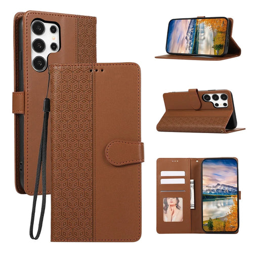 For Samsung Galaxy S26 Ultra Case Splicing Imprinted Rhombus Leather Phone Cover with Wrist Strap - Brown - 1