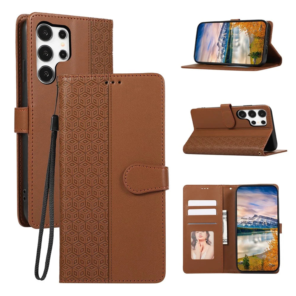 For Samsung Galaxy S26 Ultra Case Splicing Imprinted Rhombus Leather Phone Cover with Wrist Strap - Brown - 1