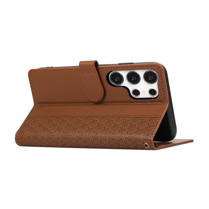 For Samsung Galaxy S26 Ultra Case Splicing Imprinted Rhombus Leather Phone Cover with Wrist Strap - Brown - 4
