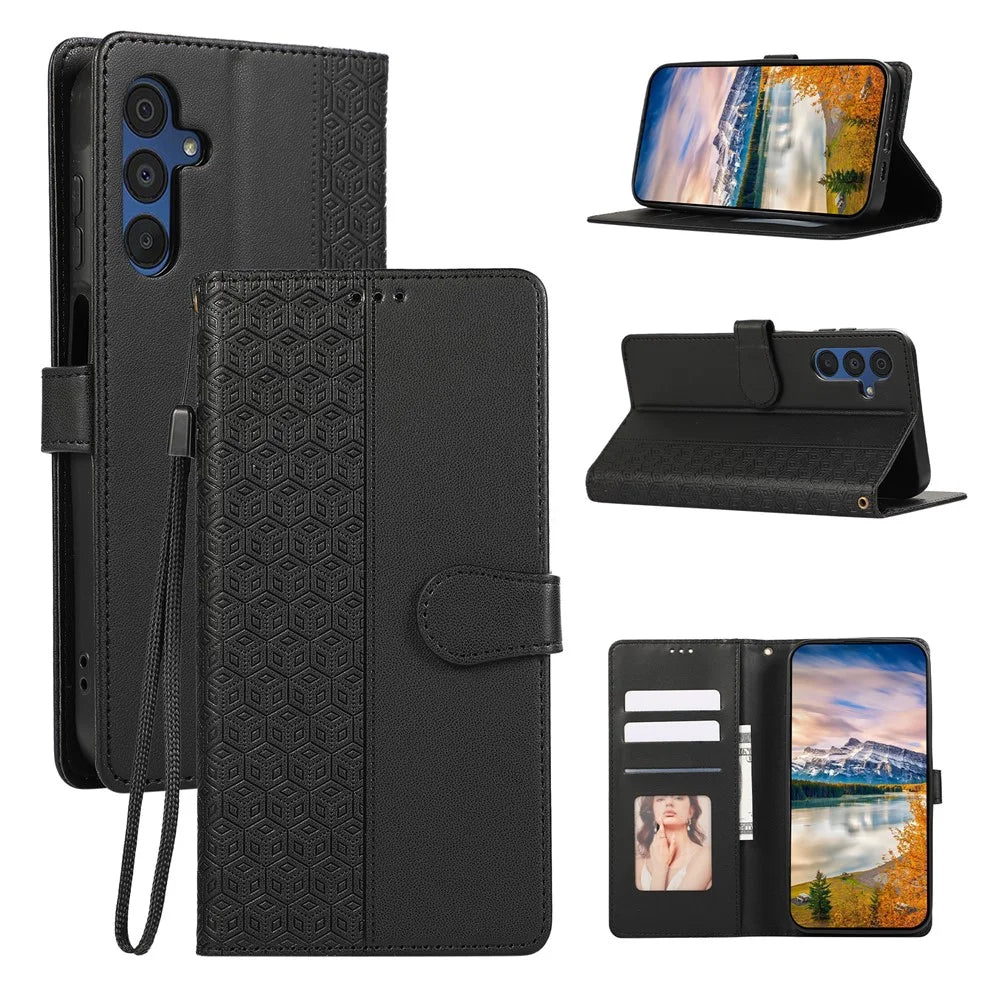 For Samsung Galaxy S26+ Case Splicing Imprinted Rhombus Leather Phone Cover with Wrist Strap - Black - 1