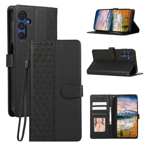 For Samsung Galaxy S26+ Case Splicing Imprinted Rhombus Leather Phone Cover with Wrist Strap - Black - 1