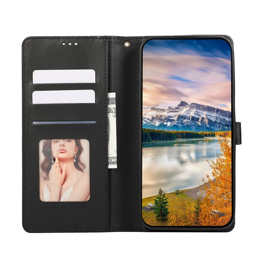 For Samsung Galaxy S26+ Case Splicing Imprinted Rhombus Leather Phone Cover with Wrist Strap - Black - 2