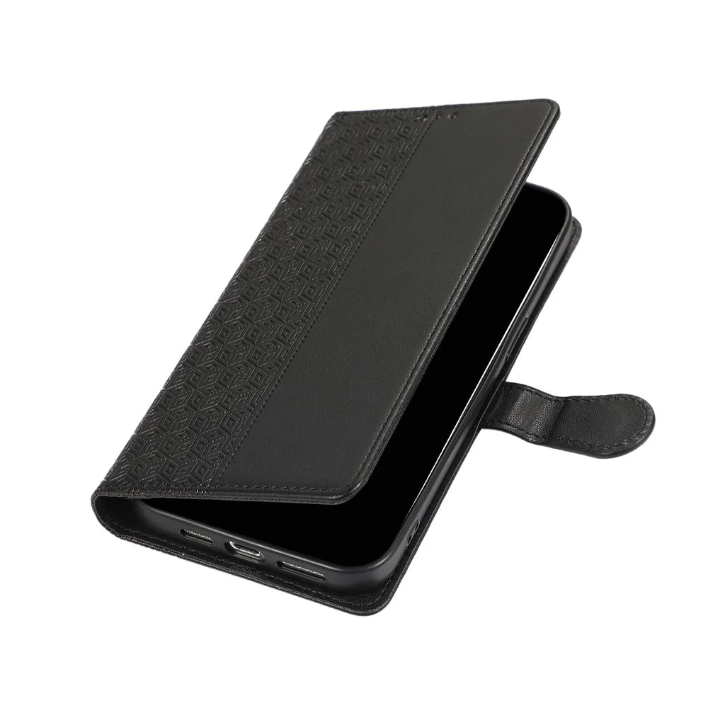 For Samsung Galaxy S26+ Case Splicing Imprinted Rhombus Leather Phone Cover with Wrist Strap - Black - 6
