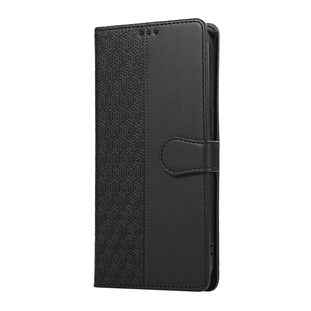 For Samsung Galaxy S26+ Case Splicing Imprinted Rhombus Leather Phone Cover with Wrist Strap - Black - 7