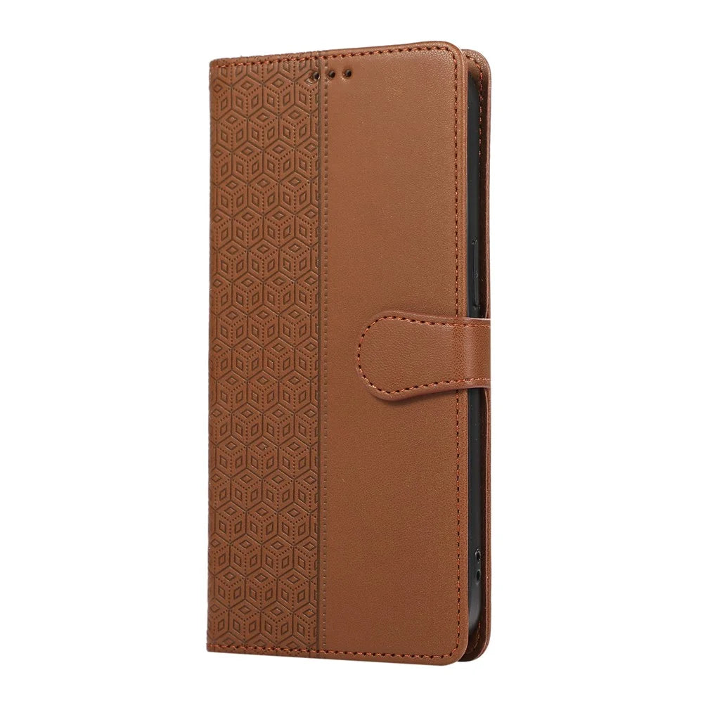 For Samsung Galaxy S26 Case Splicing Imprinted Rhombus Leather Phone Cover with Wrist Strap - Brown - 7