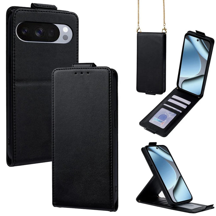 For Google Pixel 10 Pro XL Case Card Holder Vertical Flip Leather Phone Cover with Crossbody Shoulder Strap - Black - 1